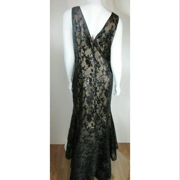 ELIZA J Sequin Lace Mesh High Low Trumpet Bodycon Dress, Black, Womens Size 12 - Picture 3 of 8